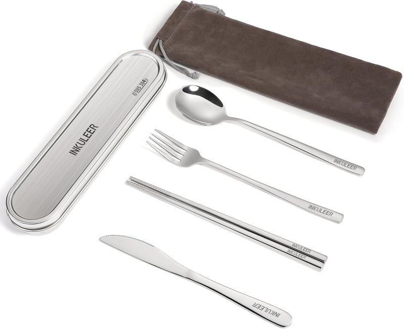 inkuleer Travel Cutlery Set - 18/8 Stainless Steel Reusable Utensils with Metal Case, Portable Silverware for Camping, Office, Travel & Outdoor Dining - Image 2